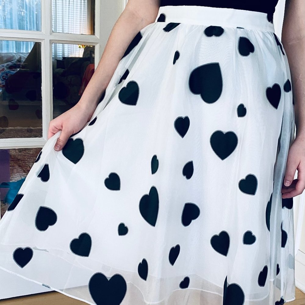 JCrew A-Line Skirt White Organza-Black Heart Print